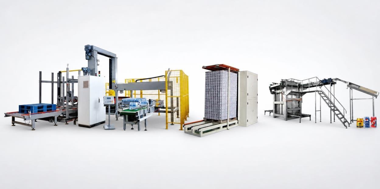 Bottled water end of line packing and palletizing system